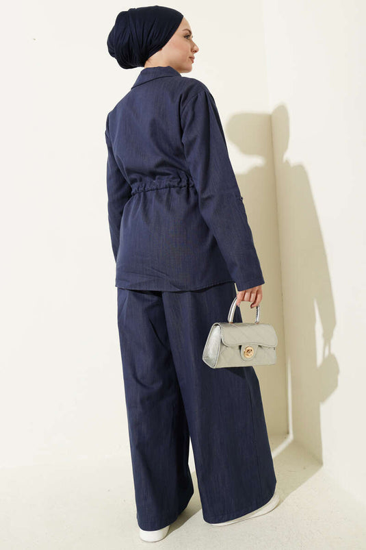Indigo Denim Two-Piece Set with Belt and Zipper