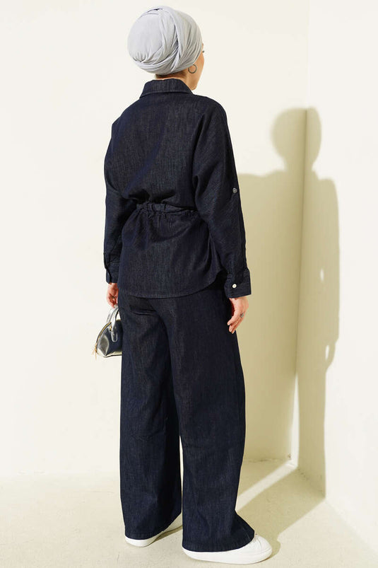 Bel Tünelli Fermuarlı Kot İkili Takım Lacivert