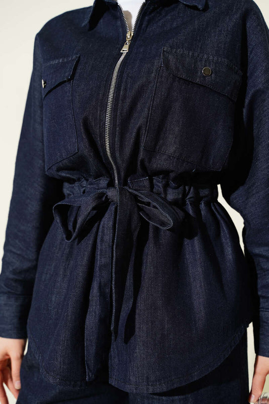 Bel Tünelli Fermuarlı Kot İkili Takım Lacivert