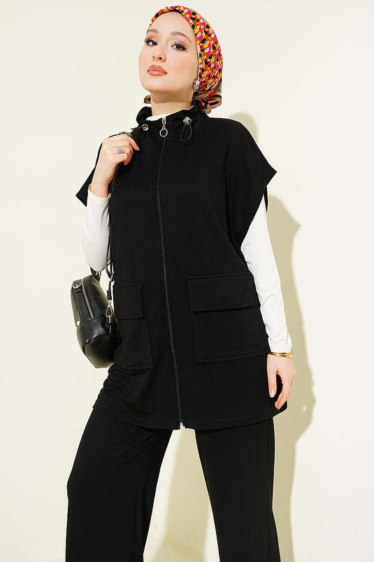 Ensemble double gilet à fermeture éclair avec ceinture noire