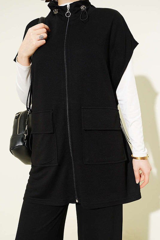 Ensemble double gilet à fermeture éclair avec ceinture noire
