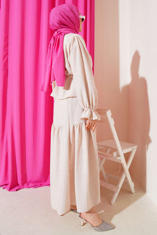 Bel Tünelli Fırfırlı Etekli İkili Takım Bej