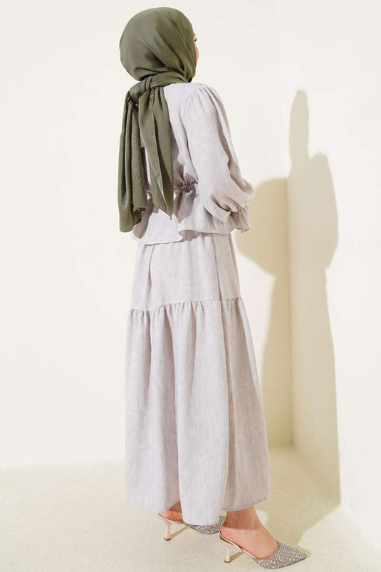 Bel Tünelli Fırfırlı Etekli İkili Takım Gri