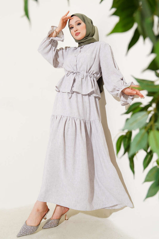 Bel Tünelli Fırfırlı Etekli İkili Takım Gri