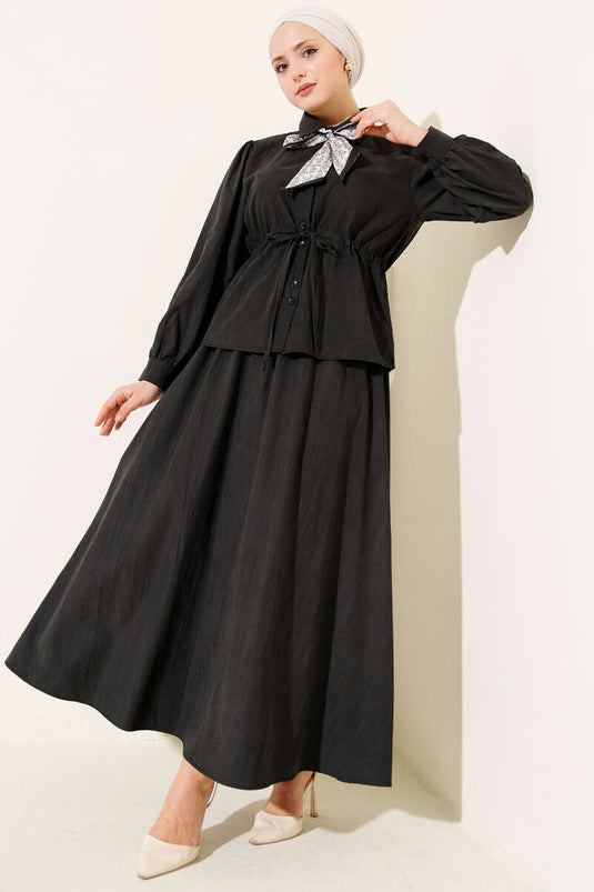 Bel Tünelli Fularlı Tensel Etekli Takım Siyah