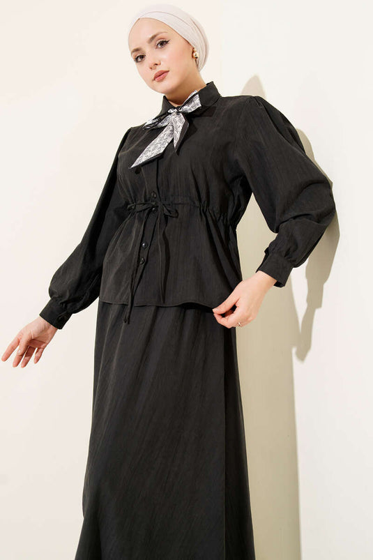 Bel Tünelli Fularlı Tensel Etekli Takım Siyah