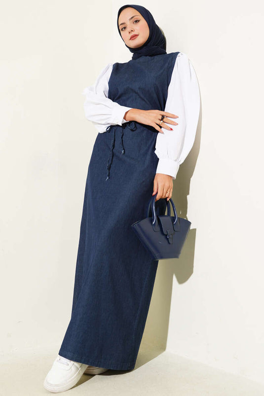 Waist Tunnel Garnished Denim Dress Navy Blue