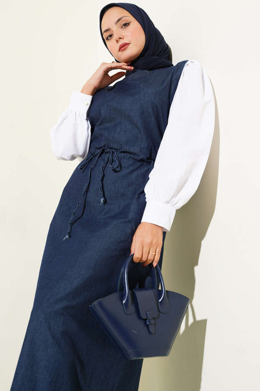 Waist Tunnel Garnished Denim Dress Navy Blue