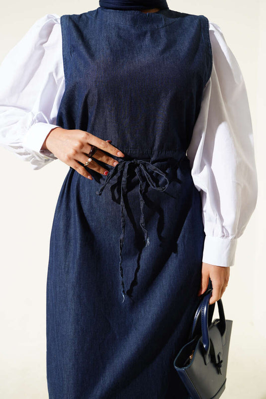 Waist Tunnel Garnished Denim Dress Navy Blue