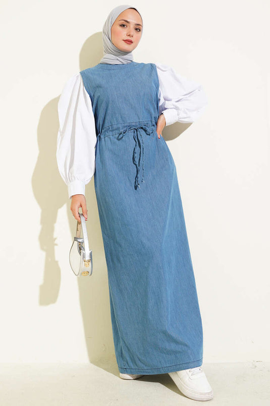 Bel Tünelli Garnili Kot Elbise Mavi