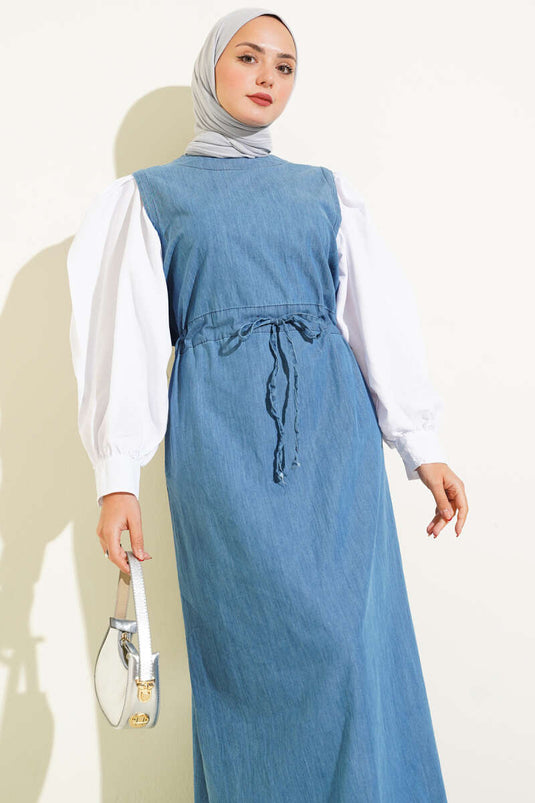 Bel Tünelli Garnili Kot Elbise Mavi