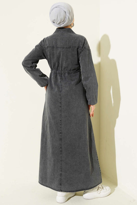فستان جينز برقبة قميص بحزام بيل رمادي داكن