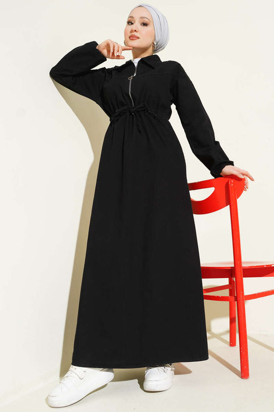 Bel Tünelli Gömlek Yaka Kot Elbise Siyah