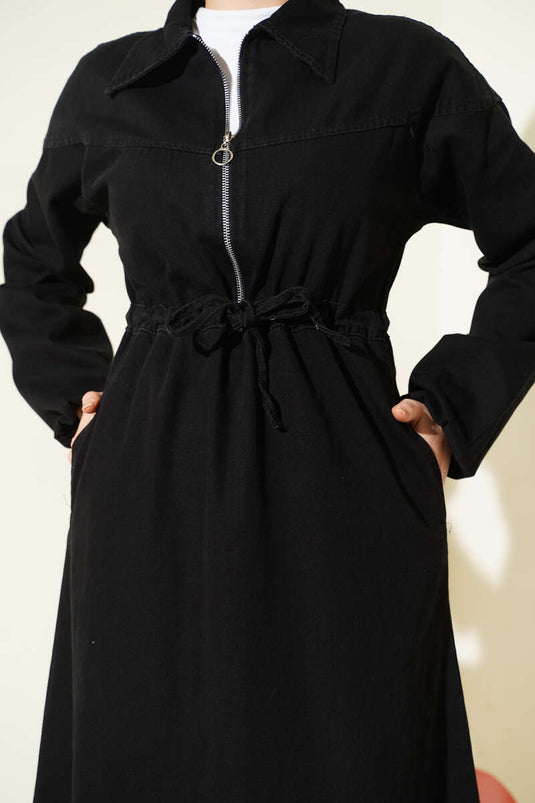 Bel Tünelli Gömlek Yaka Kot Elbise Siyah