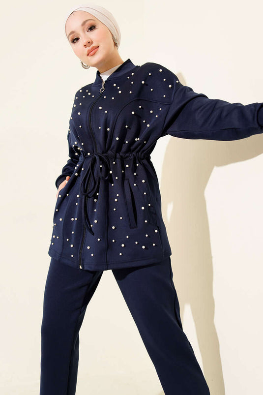 Belted Pearl-Embellished Scuba Two-Piece Set Navy Blue