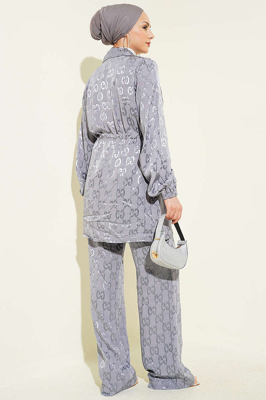 Ensemble deux pièces gris à ceinture en tulle avec motif jacquard