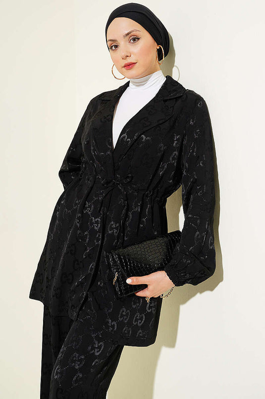 Ensemble deux pièces en jacquard à bordure en ceinture, motif noir