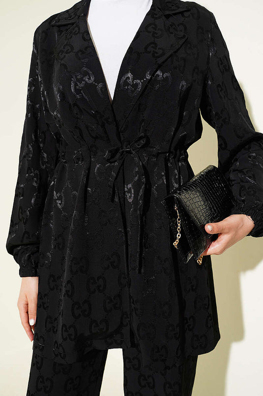 Ensemble deux pièces en jacquard à bordure en ceinture, motif noir