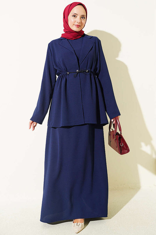 Navy Blauer Jile Kleid Mit Gürtel Und Taschen