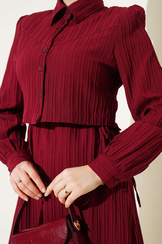 Bel Tünelli Kabartma Çizgili Jile İkili Takım Bordo