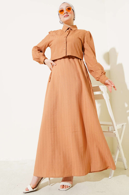 Bel Tünelli Kabartma Çizgili Jile İkili Takım Latte