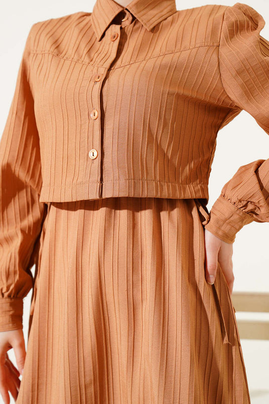 Bel Tünelli Kabartma Çizgili Jile İkili Takım Latte