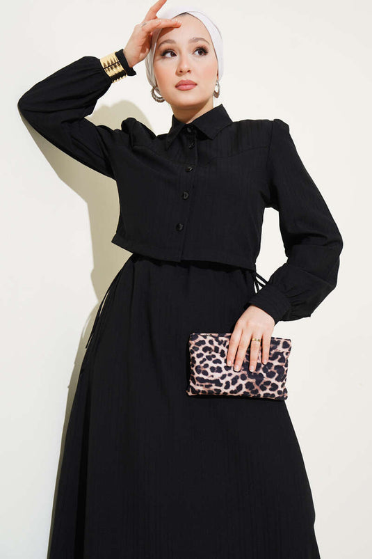 Bel Tünelli Kabartma Çizgili Jile İkili Takım Siyah