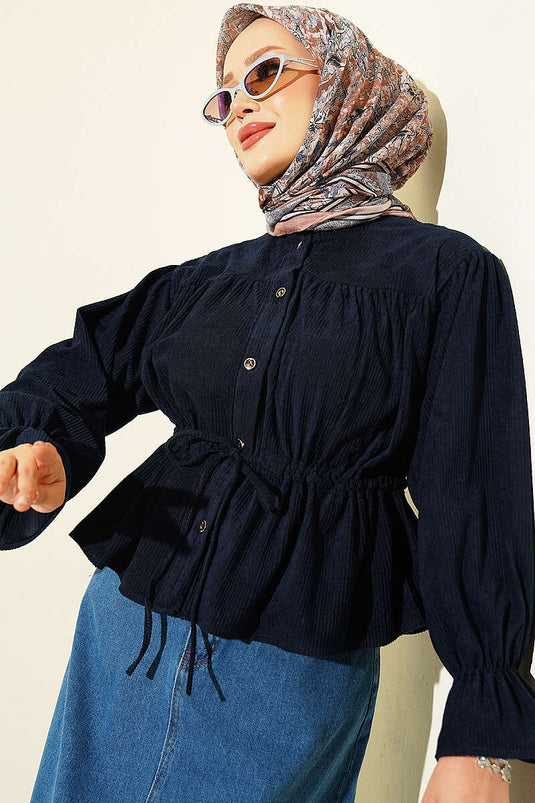 Navy Samtbluse Mit Gürtel