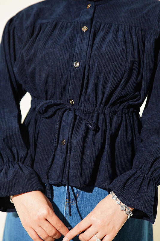 Navy Samtbluse Mit Gürtel