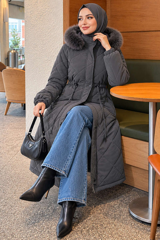 Belted Quilted Fur Coat In Smoke Grey