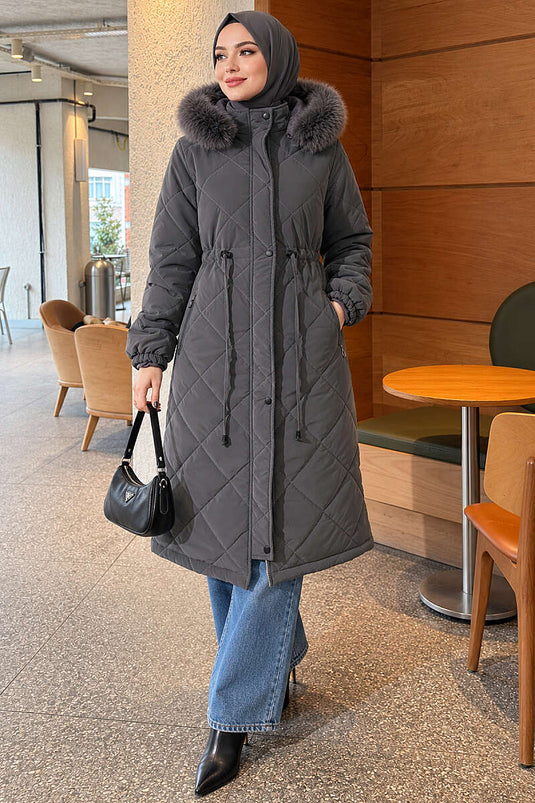 Belted Quilted Fur Coat In Smoke Grey