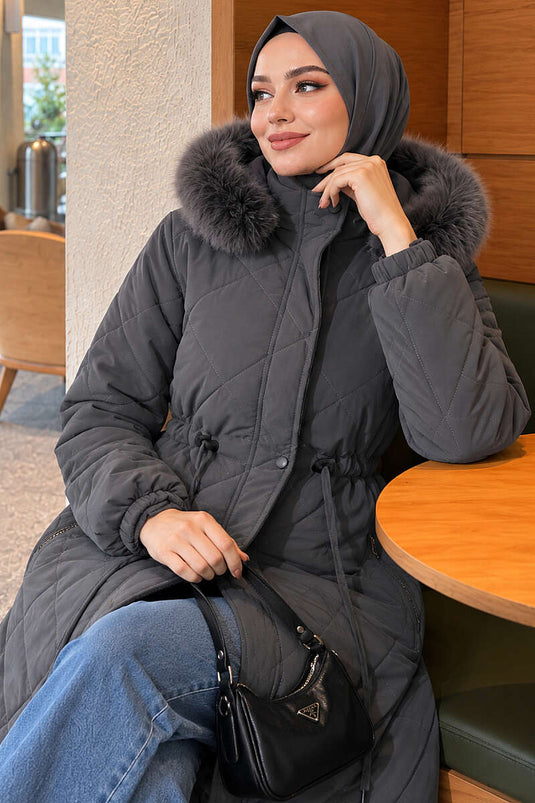 Belted Quilted Fur Coat In Smoke Grey