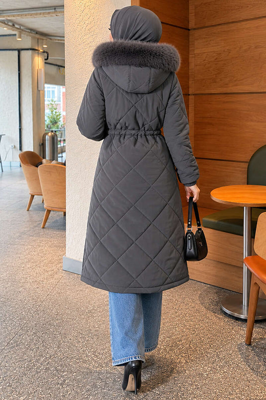 Belted Quilted Fur Coat In Smoke Grey
