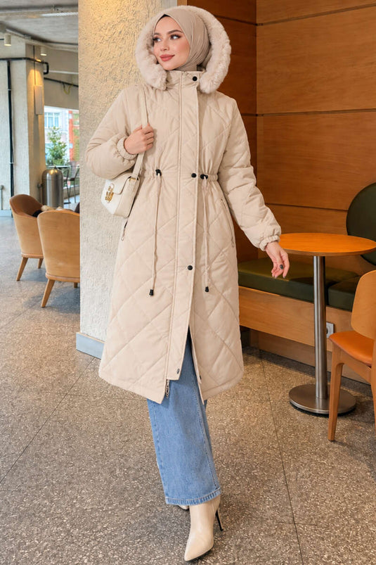 Belted Quilted Fur Coat With Patterned Details