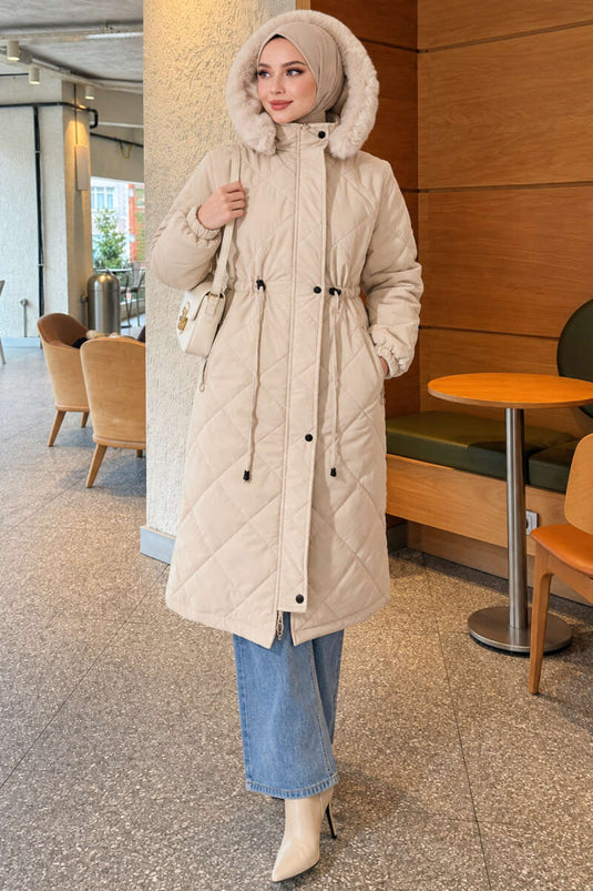 Belted Quilted Fur Coat With Patterned Details
