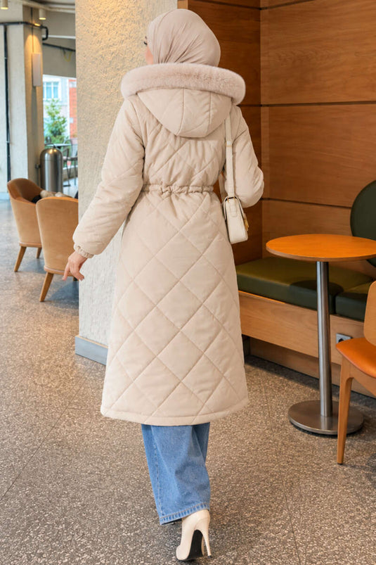 Belted Quilted Fur Coat With Patterned Details