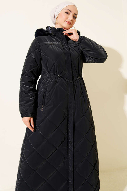 Quilted Hooded Jacket with Waist Tunnel, Navy Blue
