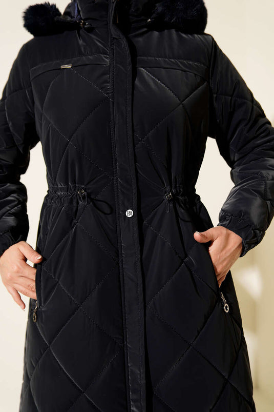 جاكيت مبطن بغطاء رأس مع نفق للخصر، أزرق داكن