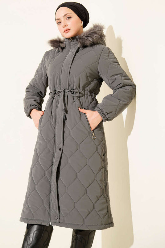 Bel Tünelli Kapüşonlu Kapitone Şişme Mont Füme