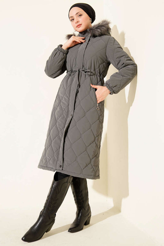 Bel Tünelli Kapüşonlu Kapitone Şişme Mont Füme