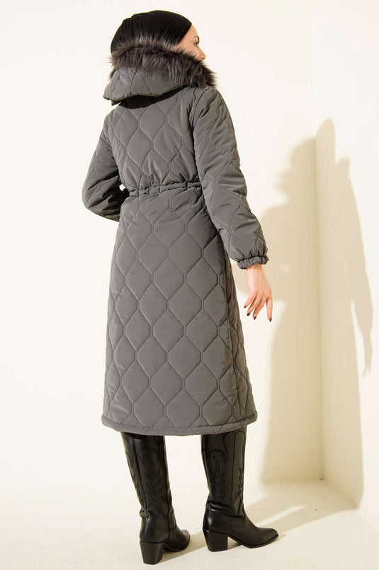 Bel Tünelli Kapüşonlu Kapitone Şişme Mont Füme