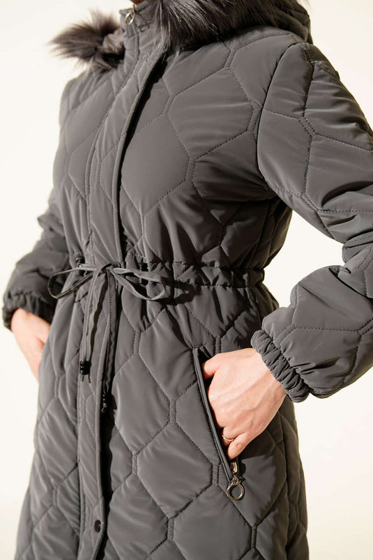 Bel Tünelli Kapüşonlu Kapitone Şişme Mont Füme