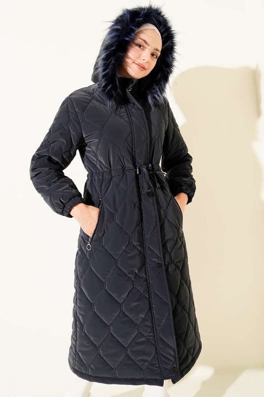 Bel Tünelli Kapüşonlu Kapitone Şişme Mont Lacivert