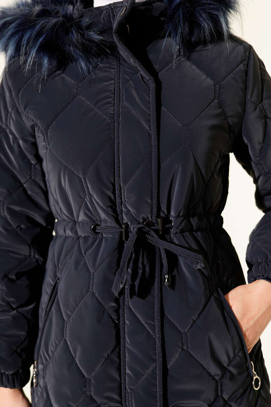 Bel Tünelli Kapüşonlu Kapitone Şişme Mont Lacivert