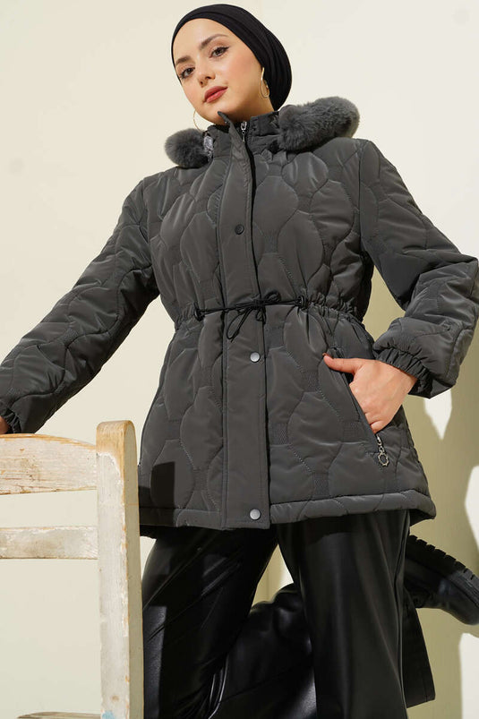 Veste courte matelassée à capuche avec cordon de serrage à la taille, gris foncé