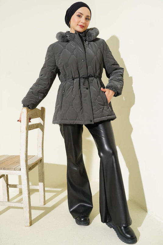 Veste courte matelassée à capuche avec cordon de serrage à la taille, gris foncé