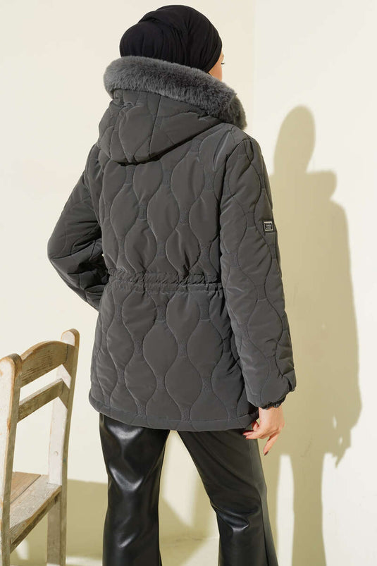 Veste courte matelassée à capuche avec cordon de serrage à la taille, gris foncé