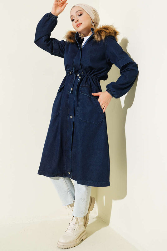 Veste en jean bleu marine à capuche avec tunnel de taille