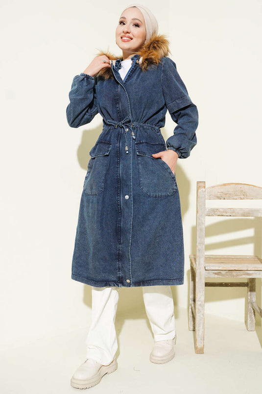 Veste en jean à capuche avec cordon de serrage à la taille, bleue