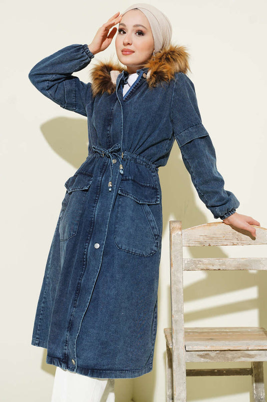 Veste en jean à capuche avec cordon de serrage à la taille, bleue